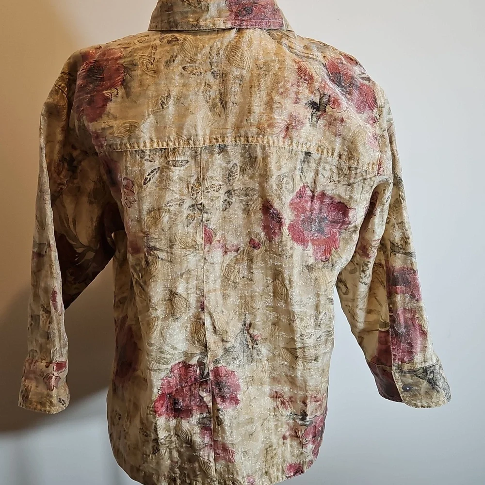 Chico's Design Shimmering Gold Floral Women's Jacket Style Shirt Size 1 #1031 - Picture 4 of 16